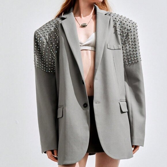 Grey Casual Women's Oversized Padded Shoulder Suit Jacket with Rhinestone Design - Picture 5 of 7